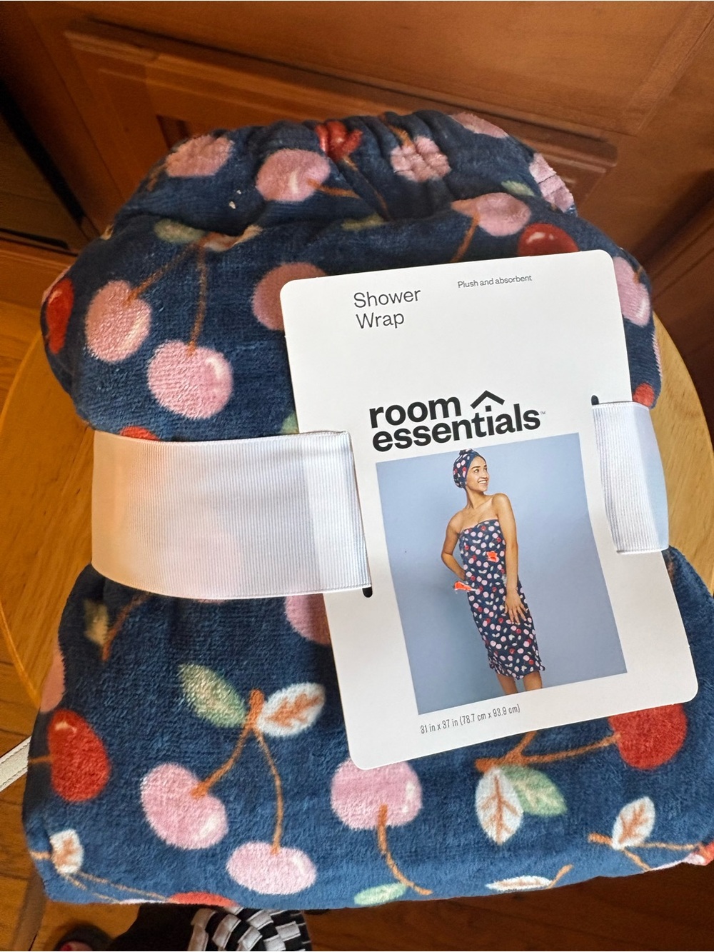 Room Essentials Navy Shower Wrap with Pink and Red Cherry Motif NWT!